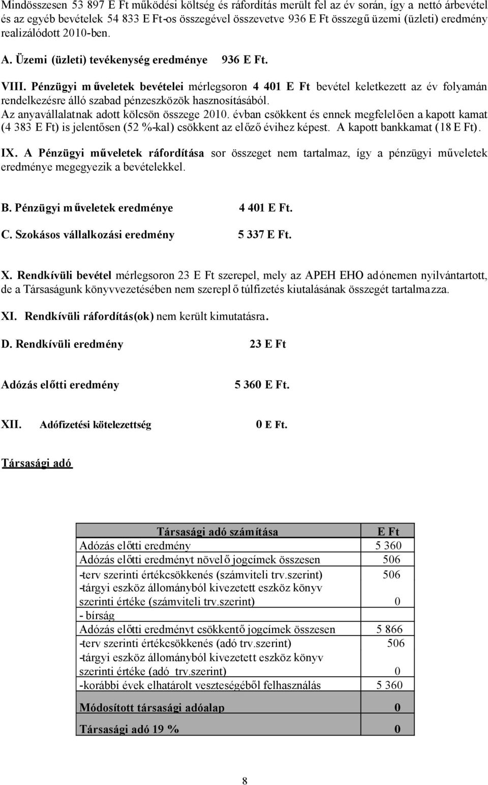 Pénzügyi m veletek bevételei mérlegsoron 4 401 E Ft bevétel keletkezett az év folyamán rendelkezésre álló szabad pénzeszközök hasznosításából. Az anyavállalatnak adott kölcsön összege 2010.