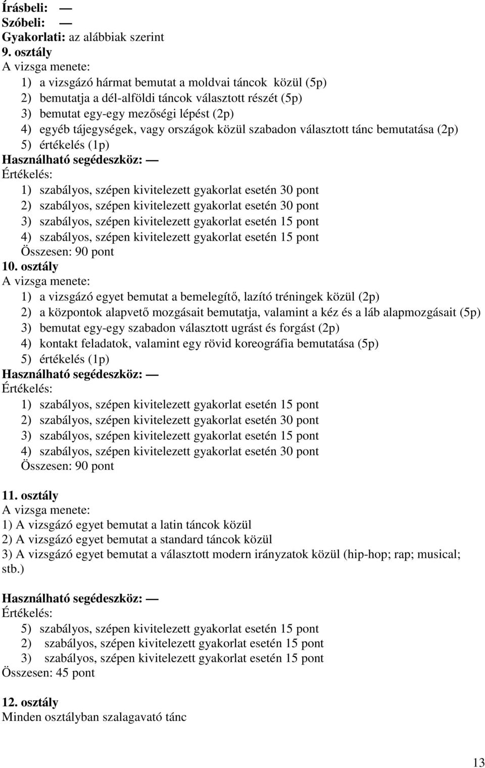 tájegységek, vagy országok közül szabadon választott tánc bemutatása (2p) 5) értékelés (1p) Használható segédeszköz: Értékelés: 1) szabályos, szépen kivitelezett gyakorlat esetén 30 pont 2)