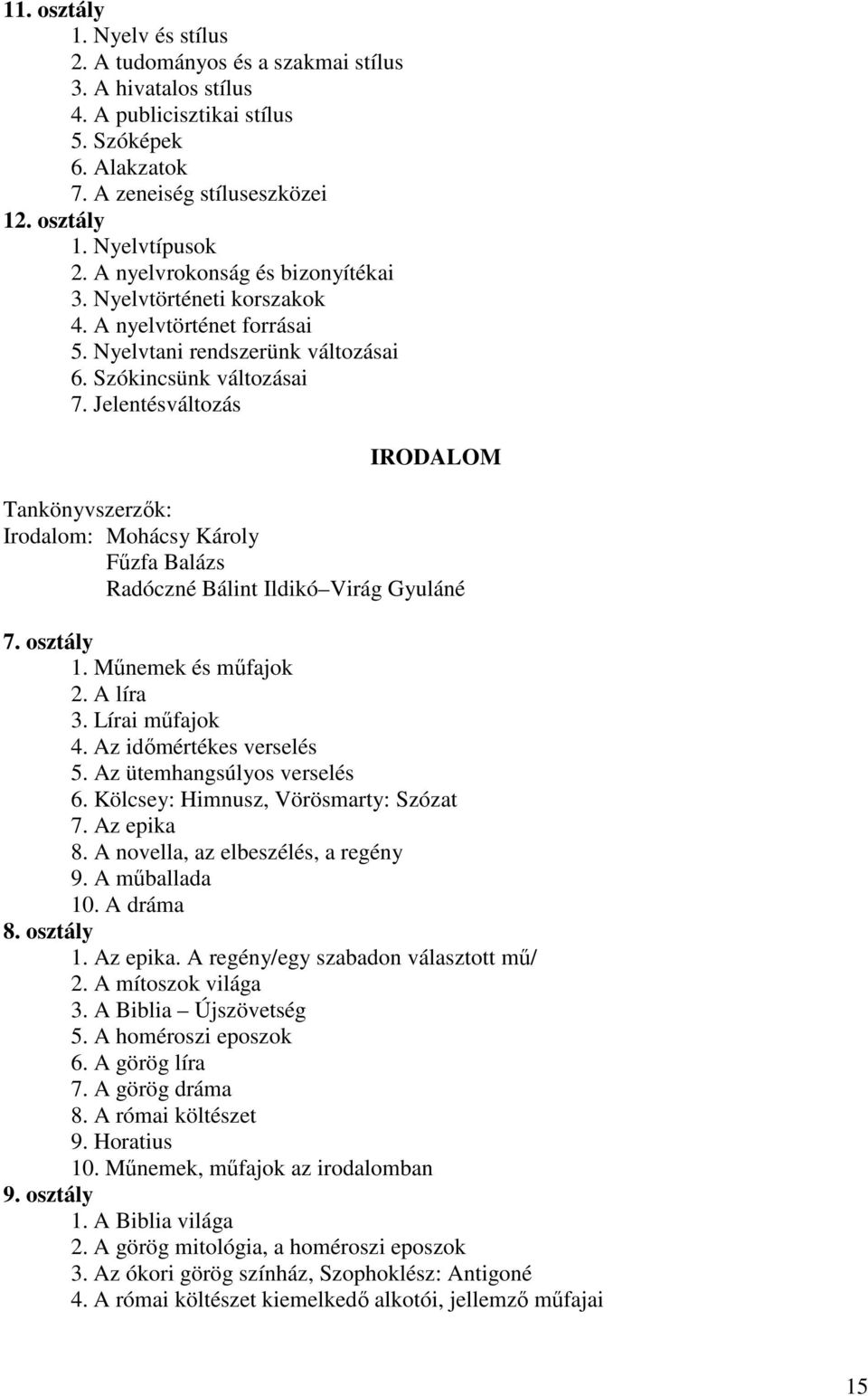 Jelentésváltozás IRODALOM Tankönyvszerzők: Irodalom: Mohácsy Károly Fűzfa Balázs Radóczné Bálint Ildikó Virág Gyuláné 7. osztály 1. Műnemek és műfajok 2. A líra 3. Lírai műfajok 4.