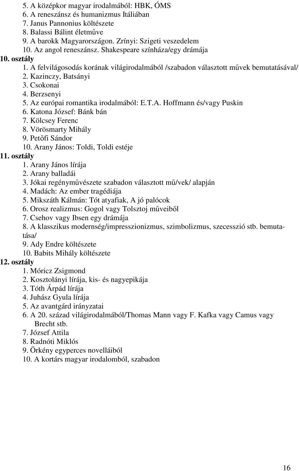 Berzsenyi 5. Az európai romantika irodalmából: E.T.A. Hoffmann és/vagy Puskin 6. Katona József: Bánk bán 7. Kölcsey Ferenc 8. Vörösmarty Mihály 9. Petőfi Sándor 10.