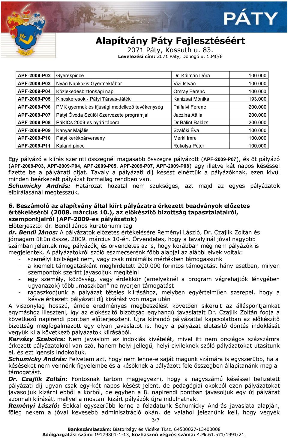 000 APF-2009-P07 Pátyi Óvoda Szülői Szervezete programjai Jaczina Attila 200.000 APF-2009-P08 PáKICs 2009-es nyári tábora Dr.Bálint Balázs 200.000 APF-2009-P09 Kanyar Majális Szalóki Éva 100.