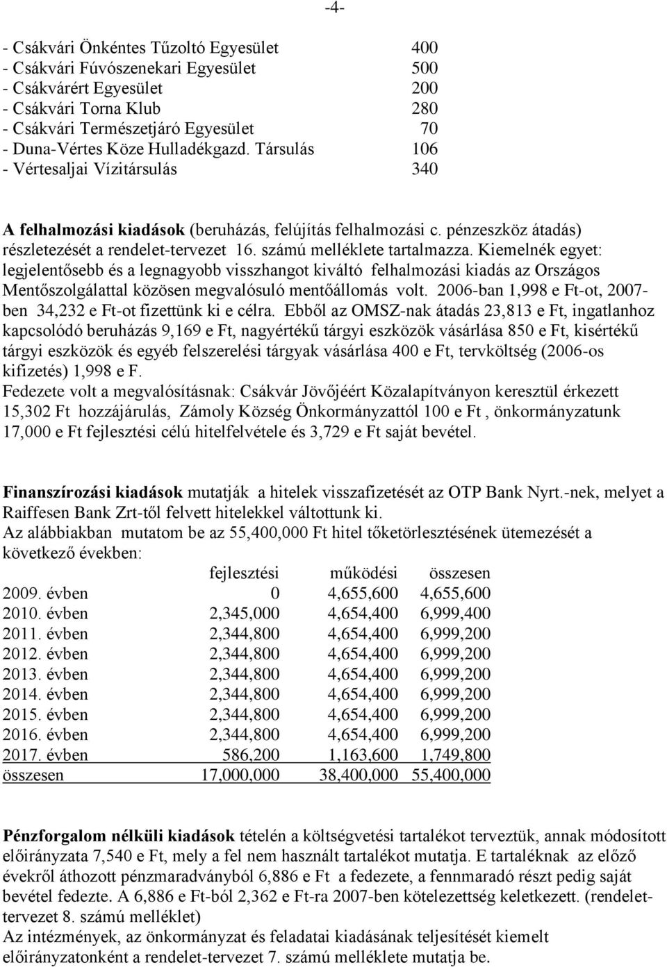 számú melléklete tartalmazza. Kiemelnék egyet: legjelentősebb és a legnagyobb visszhangot kiváltó felhalmozási kiadás az Országos Mentőszolgálattal közösen megvalósuló mentőállomás volt.