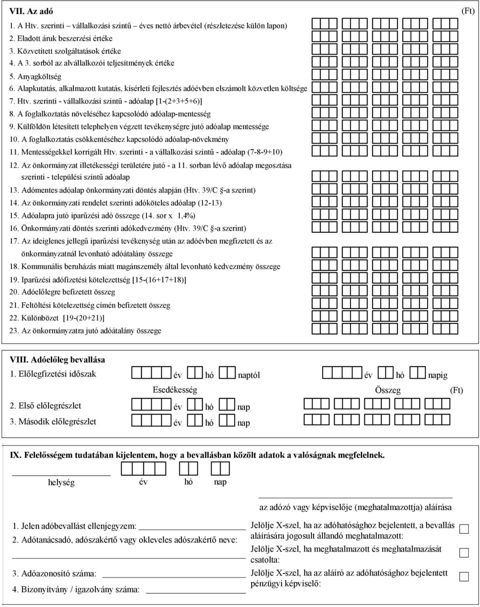 szerinti - vállalkozási szintű - adóalap [1-(2+3+5+6)] 8. A foglalkoztatás növeléséhez kapcsolódó adóalap-mentesség 9.