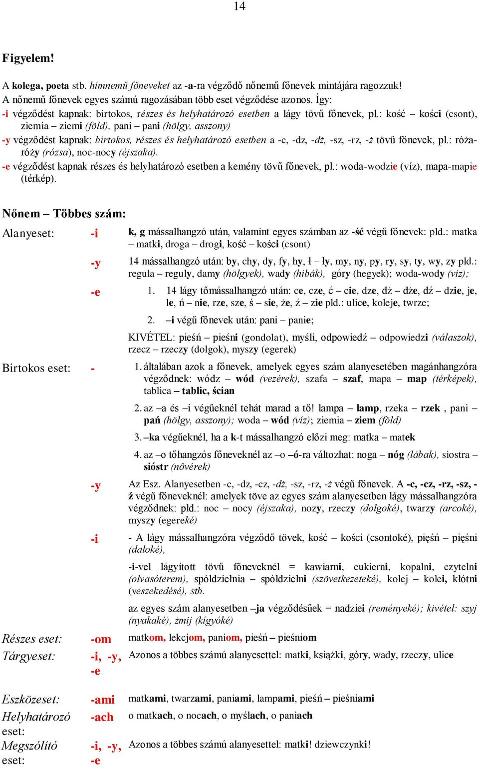 : kość kości (csont), ziemia ziemi (föld), pani pani (hölgy, asszony) -y végződést birtokos, részes és helyhatározó esetben a -c, -dz, -dż, -sz, -rz, -ż tövű főnevek, pl.