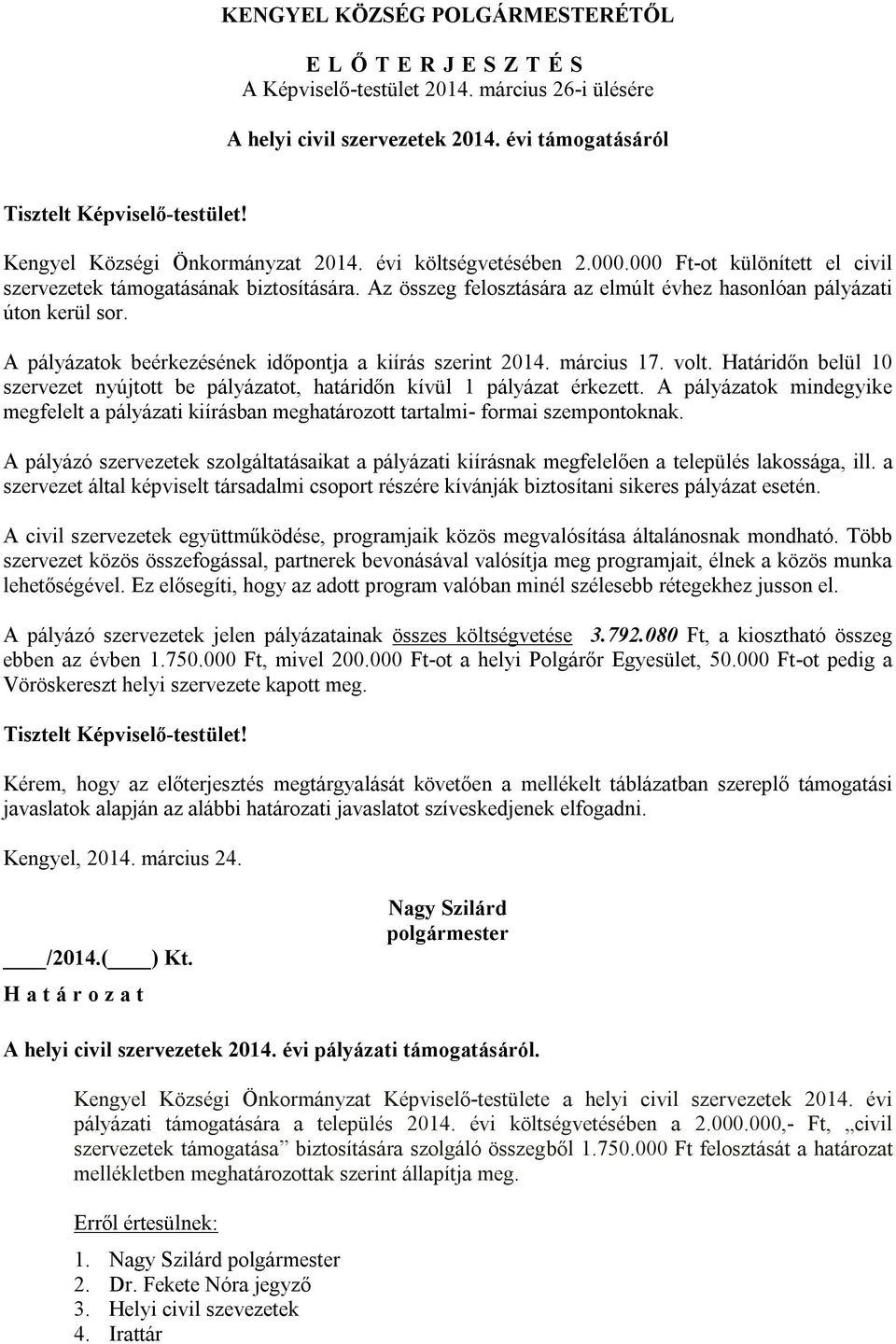 A pályázatok beérkezésének időpontja a kiírás szerint 2014. március 17. volt. Határidőn belül 10 szervezet nyújtott be pályázatot, határidőn kívül 1 pályázat érkezett.