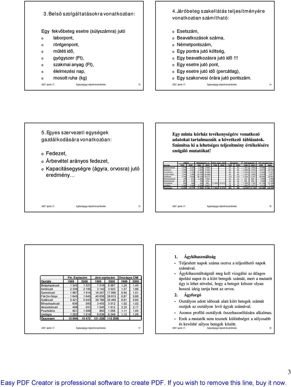 2007. április 17. Egészségügyi teljesítményértékelés 13 Esetszám, Beavatkzásk száma, Németpntszám, Egy pntra jutó költség, Egy beavatkzásra jutó idõ!