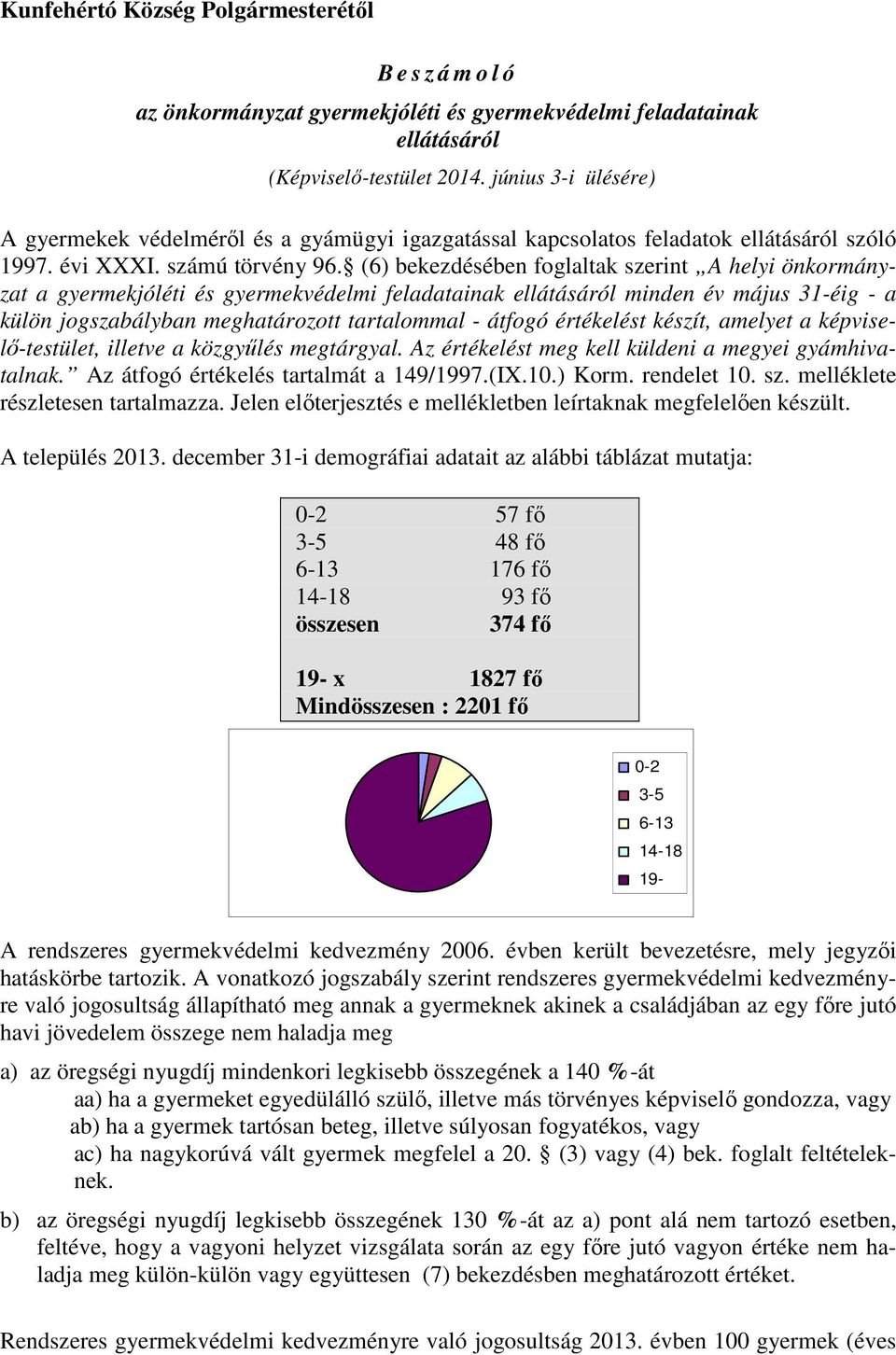 (6) bekezdésében foglaltak szerint A helyi önkormányzat a gyermekjóléti és gyermekvédelmi feladatainak ellátásáról minden év május 31-éig - a külön jogszabályban meghatározott tartalommal - átfogó