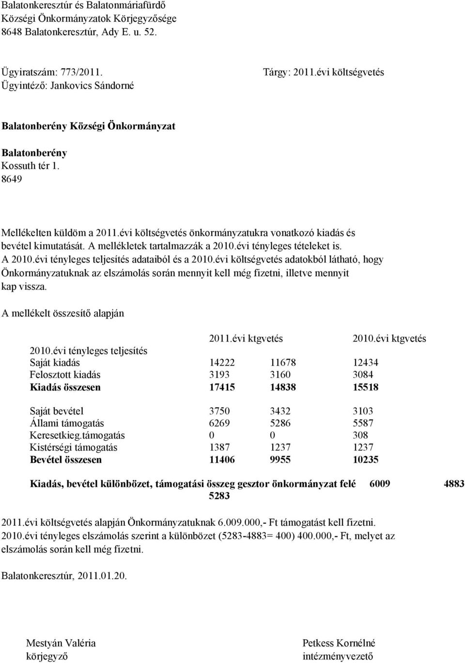 A mellékletek tartalmazzák a 2010.évi tényleges tételeket is. A 2010.évi tényleges teljesítés adataiból és a 2010.