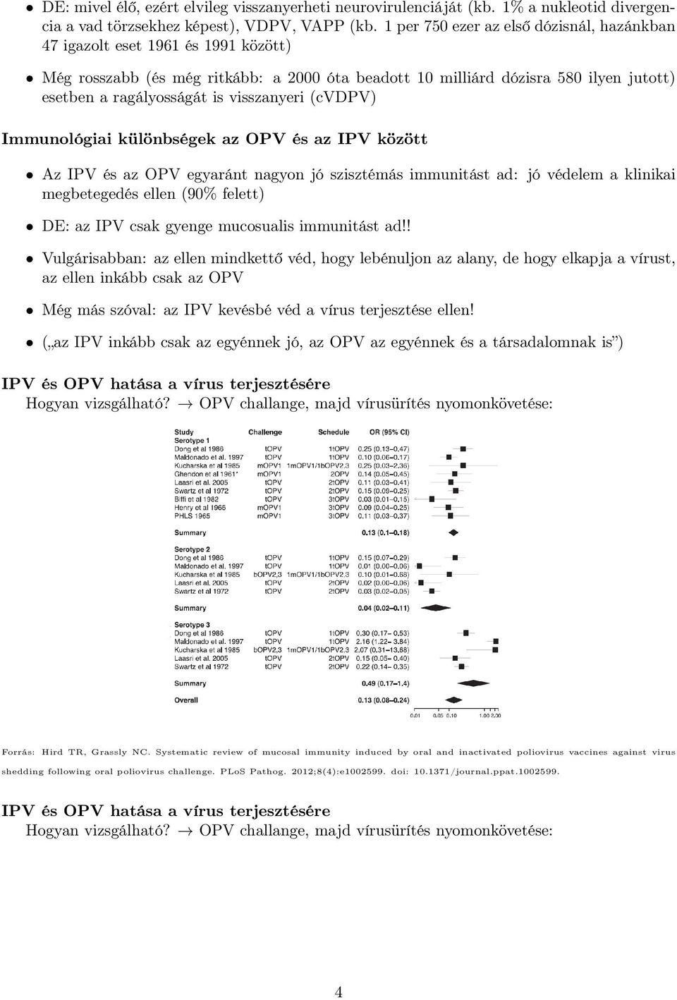 visszanyeri (cvdpv) Immunológiai különbségek az OPV és az IPV között Az IPV és az OPV egyaránt nagyon jó szisztémás immunitást ad: jó védelem a klinikai megbetegedés ellen (90% felett) DE: az IPV