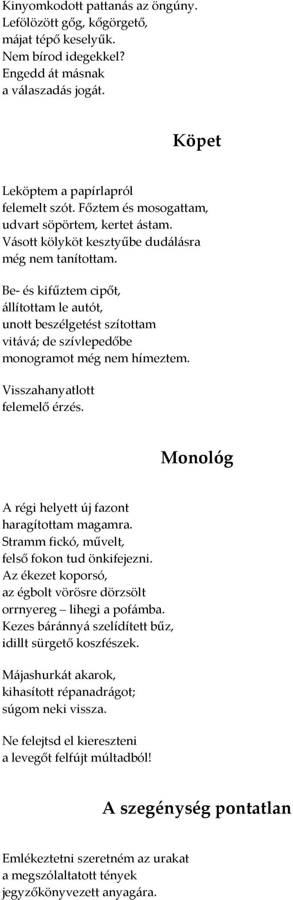 Be- és kifűztem cipőt, állítottam le autót, unott beszélgetést szítottam vitává; de szívlepedőbe monogramot még nem hímeztem. Visszahanyatlott felemelő érzés.