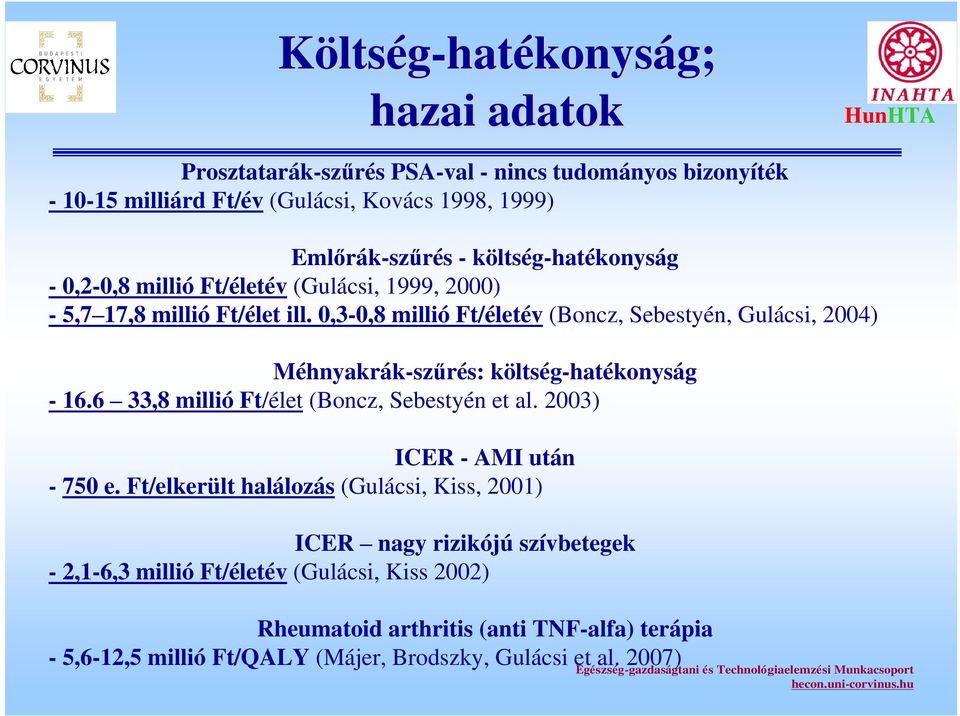 6 33,8 millió Ft/élet (Boncz, Sebestyén et al. 2003) ICER - AMI után - 750 e.