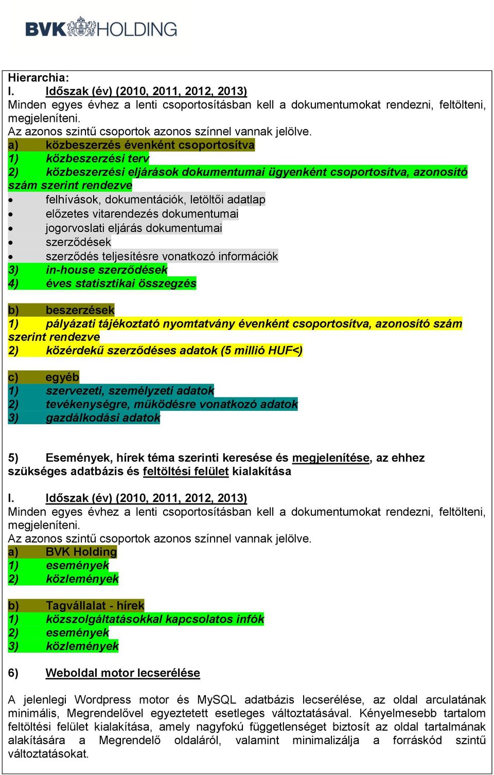 a) közbeszerzés évenként csoportosítva 1) közbeszerzési terv 2) közbeszerzési eljárások dokumentumai ügyenként csoportosítva, azonosító szám szerint rendezve felhívások, dokumentációk, letöltői