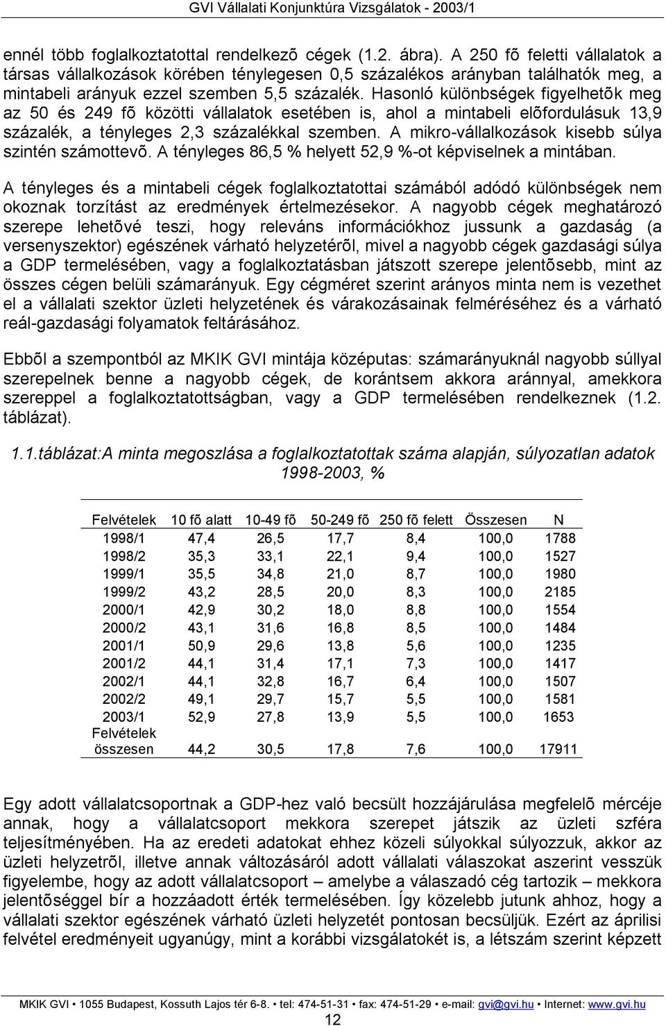 Hasonló különbségek figyelhetõk meg az 50 és 249 fõ közötti vállalatok esetében is, ahol a mintabeli elõfordulásuk 13,9 százalék, a tényleges 2,3 százalékkal szemben.