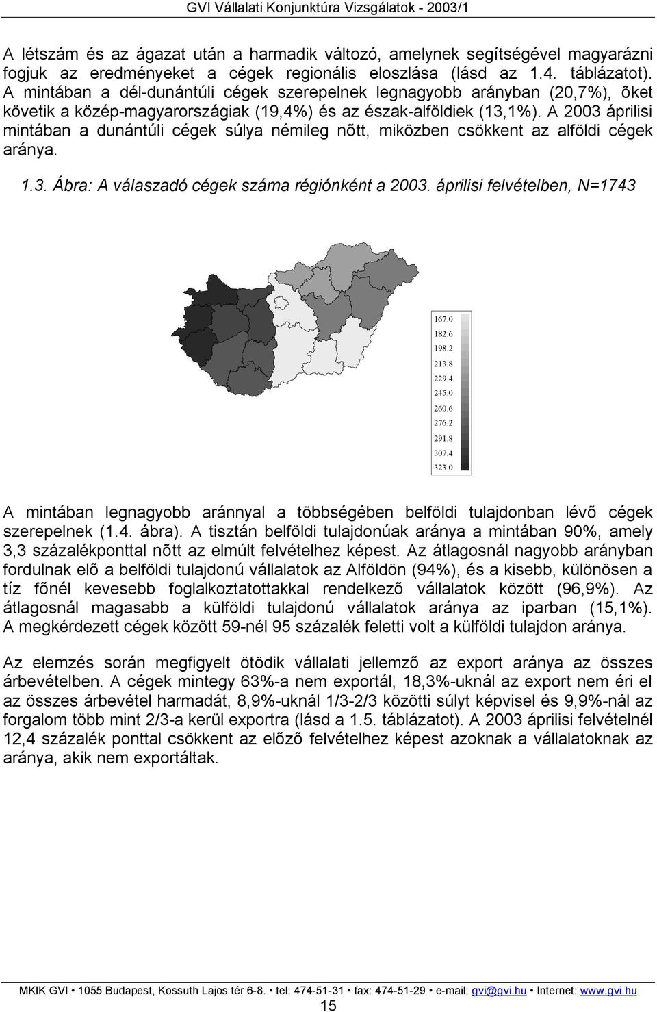 A 2003 i mintában a dunántúli cégek súlya némileg nõtt, miközben csökkent az alföldi cégek aránya. 1.3. Ábra: A válaszadó cégek száma régiónként a 2003. i felvételben, N=1743 167.0 182.6 198.2 213.