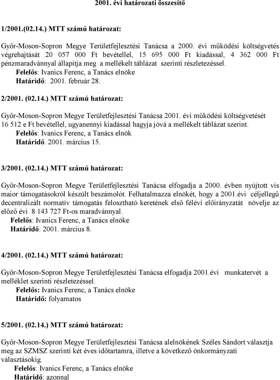 február 28. 2/2001. (02.14.) MTT számú határozat: Gyır-Moson-Sopron Megye Területfejlesztési Tanácsa 2001.