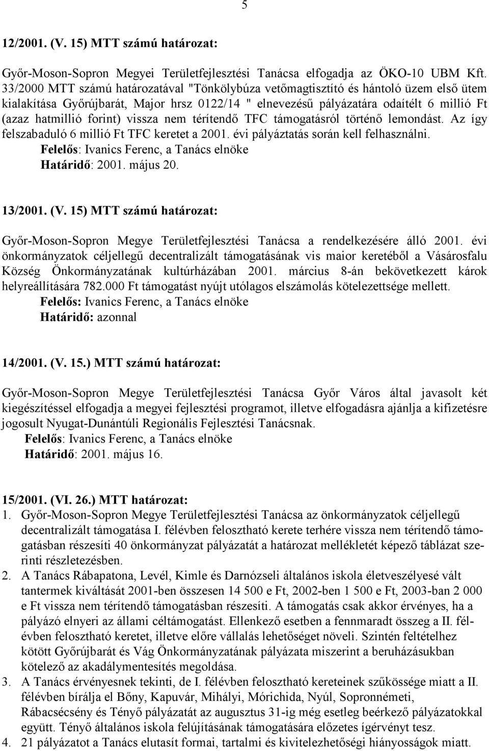 forint) vissza nem térítendı TFC támogatásról történı lemondást. Az így felszabaduló 6 millió Ft TFC keretet a 2001. évi pályáztatás során kell felhasználni. Határidı: 2001. május 20. 13/2001. (V.