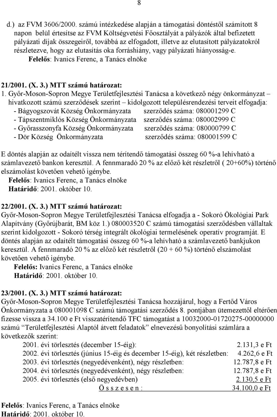 illetve az elutasított pályázatokról részletezve, hogy az elutasítás oka forráshiány, vagy pályázati hiányosság-e. 21/2001. (X. 3.) MTT számú határozat: 1.