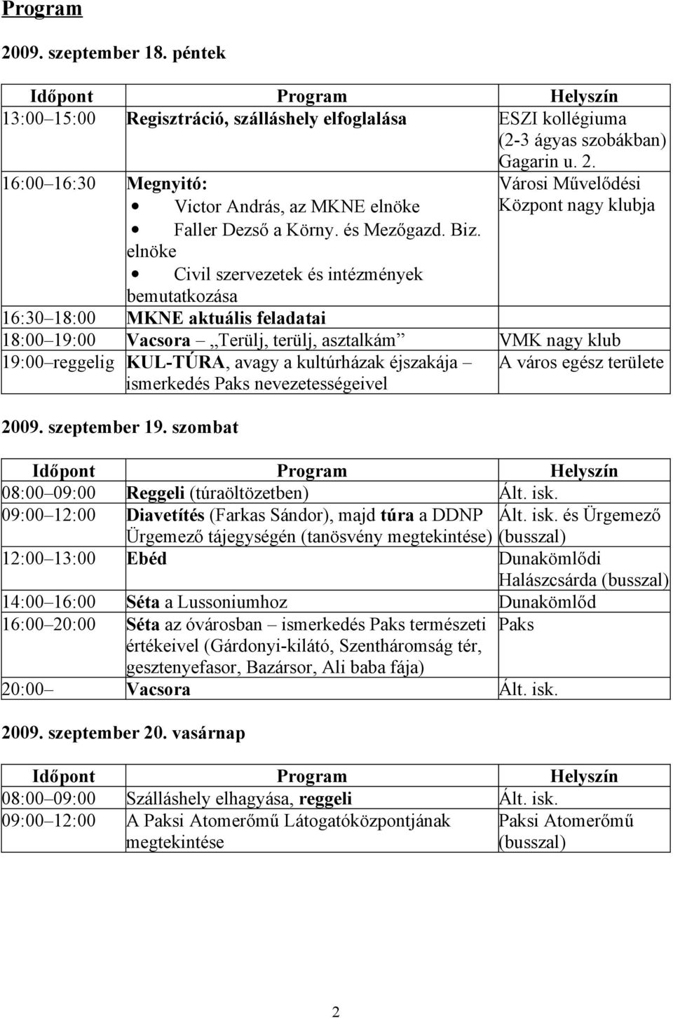 elnöke Civil szervezetek és intézmények bemutatkozása Városi Művelődési Központ nagy klubja 16:30 18:00 MKNE aktuális feladatai 18:00 19:00 Vacsora Terülj, terülj, asztalkám VMK nagy klub 19:00