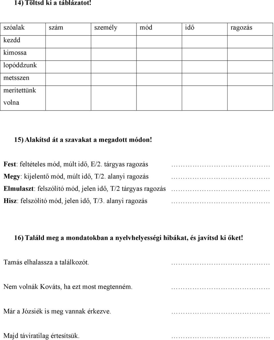 Fest: feltételes mód, múlt idő, E/2. tárgyas ragozás Megy: kijelentő mód, múlt idő, T/2.