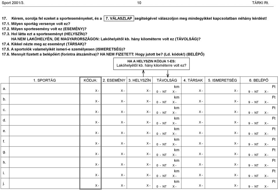 Kikkel nézte meg az eseményt (TÁRSAK)? 17.5. A sportolók valamelyikét ismeri-e személyesen (ISMERETSÉG)? 17.6. Mennyit fizetett a belépőért (forintra átszámítva)? HA NEM FIZETETT: Hogy jutott be? (Ld.