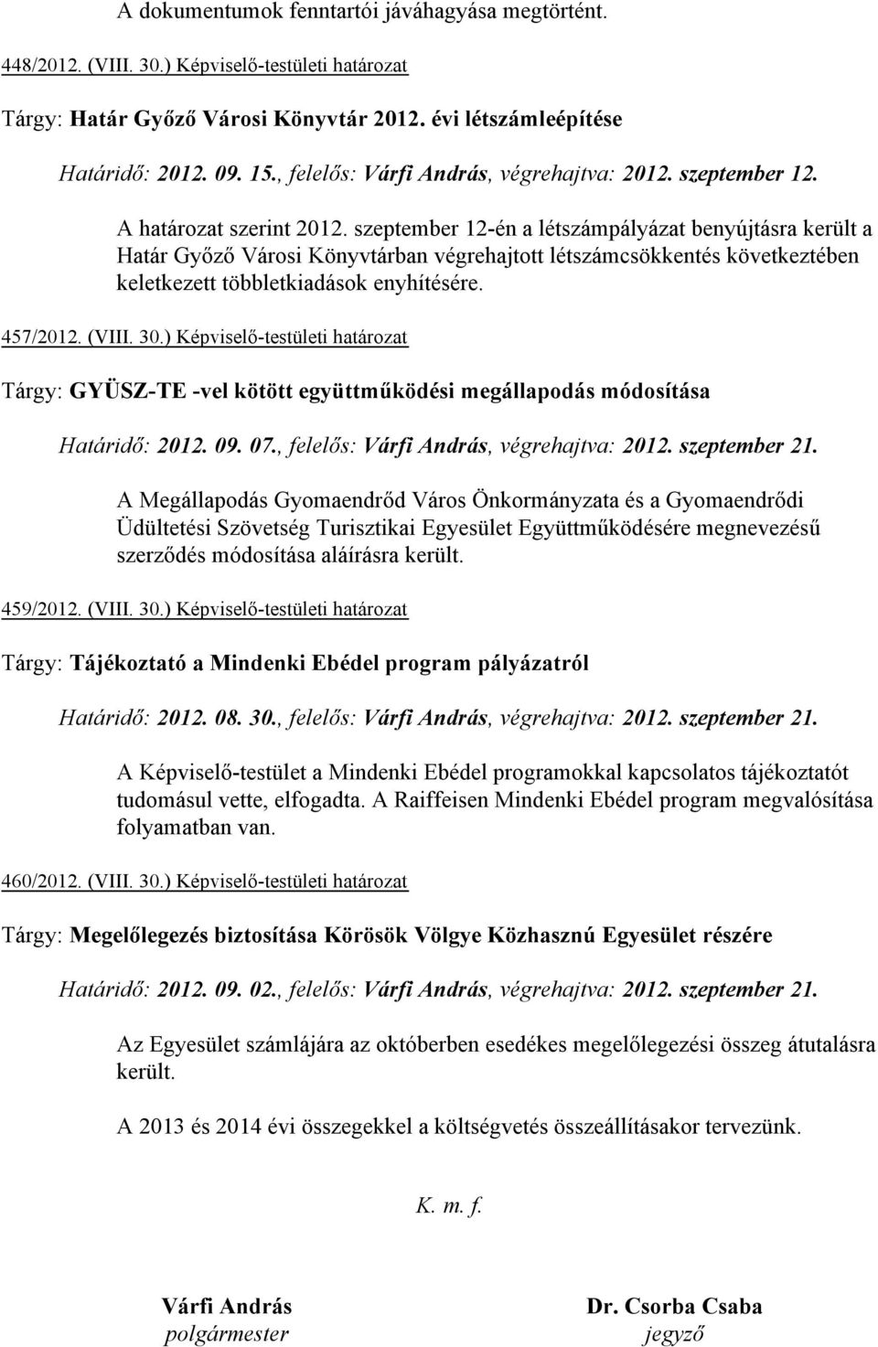 szeptember 12-én a létszámpályázat benyújtásra került a Határ Győző Városi Könyvtárban végrehajtott létszámcsökkentés következtében keletkezett többletkiadások enyhítésére. 457/2012. (VIII. 30.