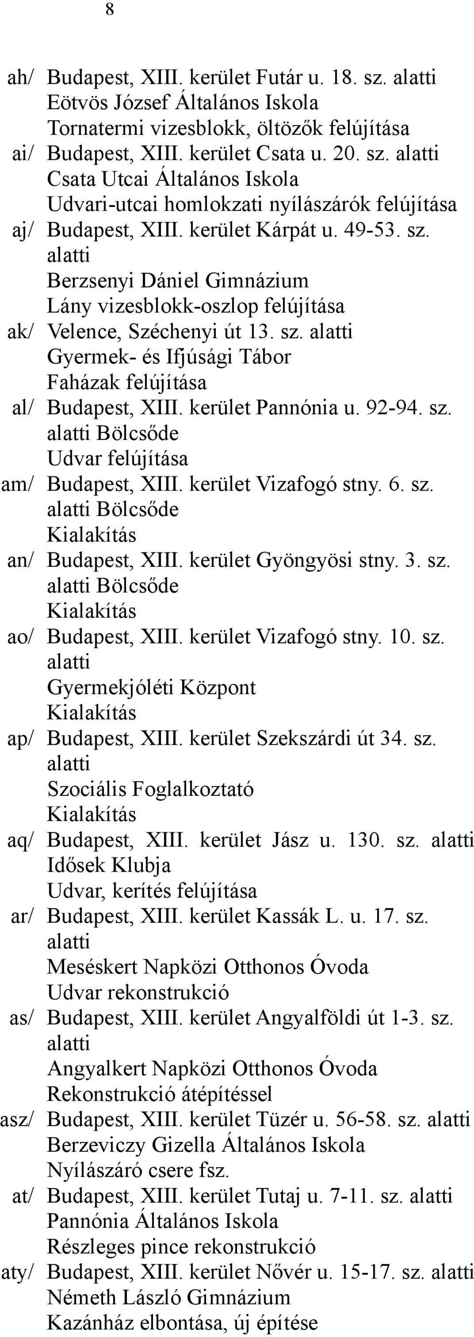 kerület Pannónia u. 92-94. sz. alatti Bölcsőde Udvar felújítása am/ Budapest, XIII. kerület Vizafogó stny. 6. sz. alatti Bölcsőde Kialakítás an/ Budapest, XIII. kerület Gyöngyösi stny. 3. sz. alatti Bölcsőde Kialakítás ao/ Budapest, XIII.