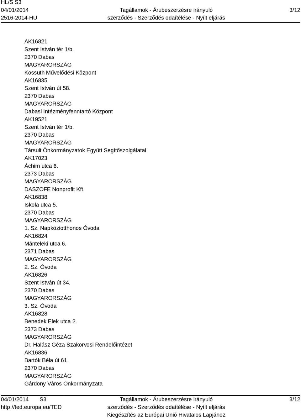 2373 Dabas DASZOFE Nonprofit Kft. AK16838 Iskola utca 5. 1. Sz. Napköziotthonos Óvoda AK16824 Mánteleki utca 6. 2371 Dabas 2. Sz. Óvoda AK16826 Szent István út 34.