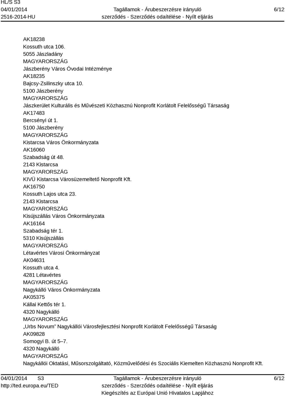 2143 Kistarcsa KIVÜ Kistarcsa Városüzemeltető Nonprofit Kft. AK16750 Kossuth Lajos utca 23. 2143 Kistarcsa Kisújszállás Város Önkormányzata AK16164 Szabadság tér 1.