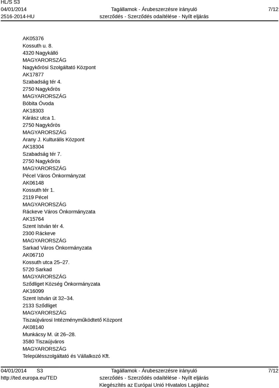 2119 Pécel Ráckeve Város Önkormányzata AK15764 Szent István tér 4. 2300 Ráckeve Sarkad Város Önkormányzata AK06710 Kossuth utca 25 27.