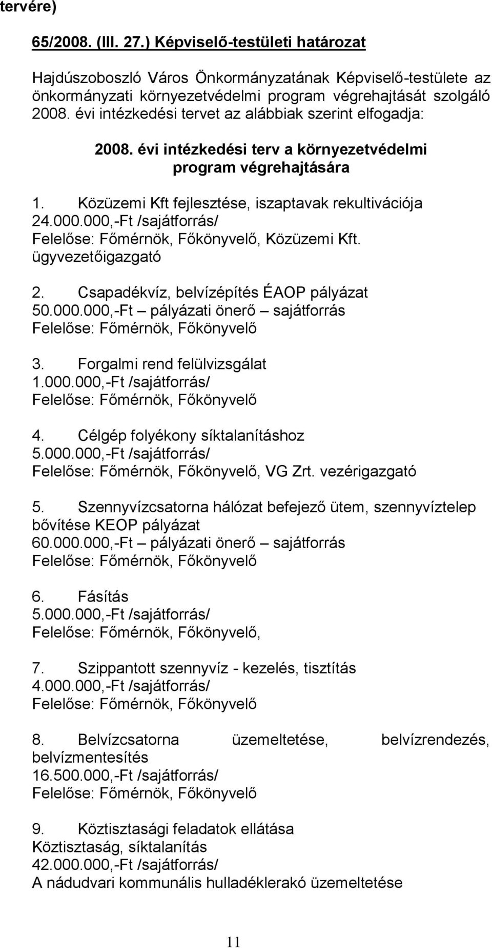 000,-Ft /sajátforrás/, Közüzemi Kft. ügyvezetőigazgató 2. Csapadékvíz, belvízépítés ÉAOP pályázat 50.000.000,-Ft pályázati önerő sajátforrás 3. Forgalmi rend felülvizsgálat 1.000.000,-Ft /sajátforrás/ 4.