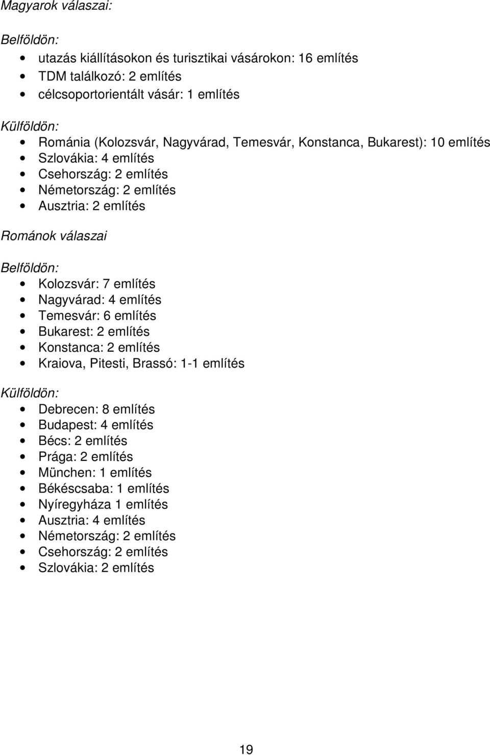 említés Nagyvárad: 4 említés Temesvár: 6 említés Bukarest: 2 említés Konstanca: 2 említés Kraiova, Pitesti, Brassó: 1-1 említés Külföldön: Debrecen: 8 említés Budapest: 4 említés