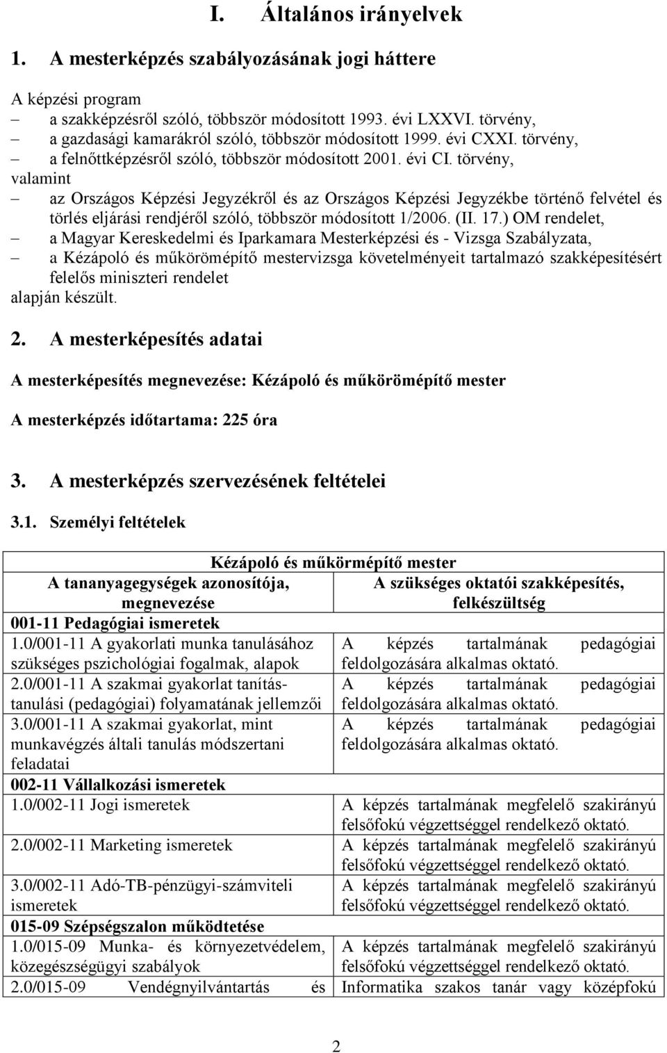 törvény, valamint az Országos Képzési Jegyzékről és az Országos Képzési Jegyzékbe történő felvétel és törlés eljárási rendjéről szóló, többször módosított 1/2006. (II. 17.