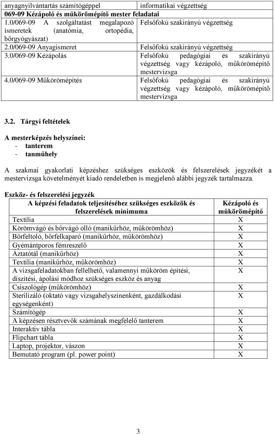 0/069-09 Kézápolás Felsőfokú pedagógiai és szakirányú végzettség vagy kézápoló, műkörömépítő mestervizsga 4.