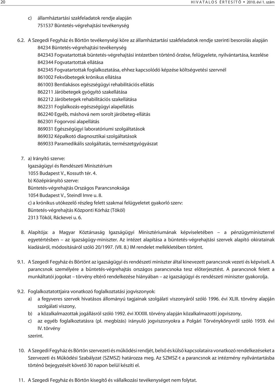 842344 Fogvatartottak ellátása 842345 Fogvatartottak foglalkoztatása, ehhez kapcsolódó képzése költségvetési szervnél 861002 Fekvõbetegek krónikus ellátása 861003 Bentlakásos egészségügyi