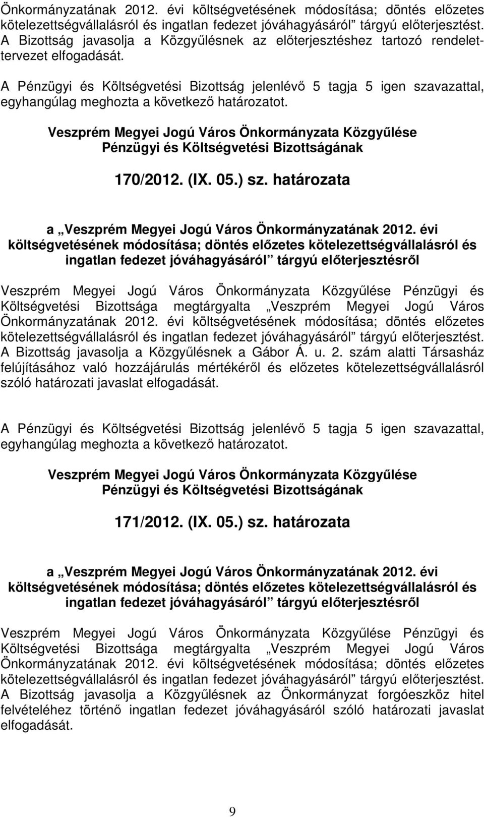 határozata a Veszprém Megyei Jogú Város Önkormányzatának 2012.