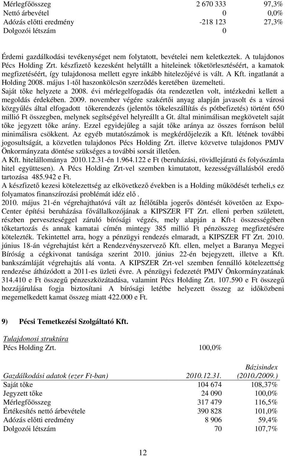 ingatlanát a Holding 2008. május 1-tıl haszonkölcsön szerzıdés keretében üzemelteti. Saját tıke helyzete a 2008. évi mérlegelfogadás óta rendezetlen volt, intézkedni kellett a megoldás érdekében.