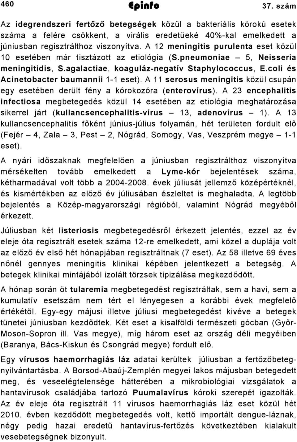 A serosus meningitis közül csupán egy esetében derült fény a kórokozóra (enterovírus).