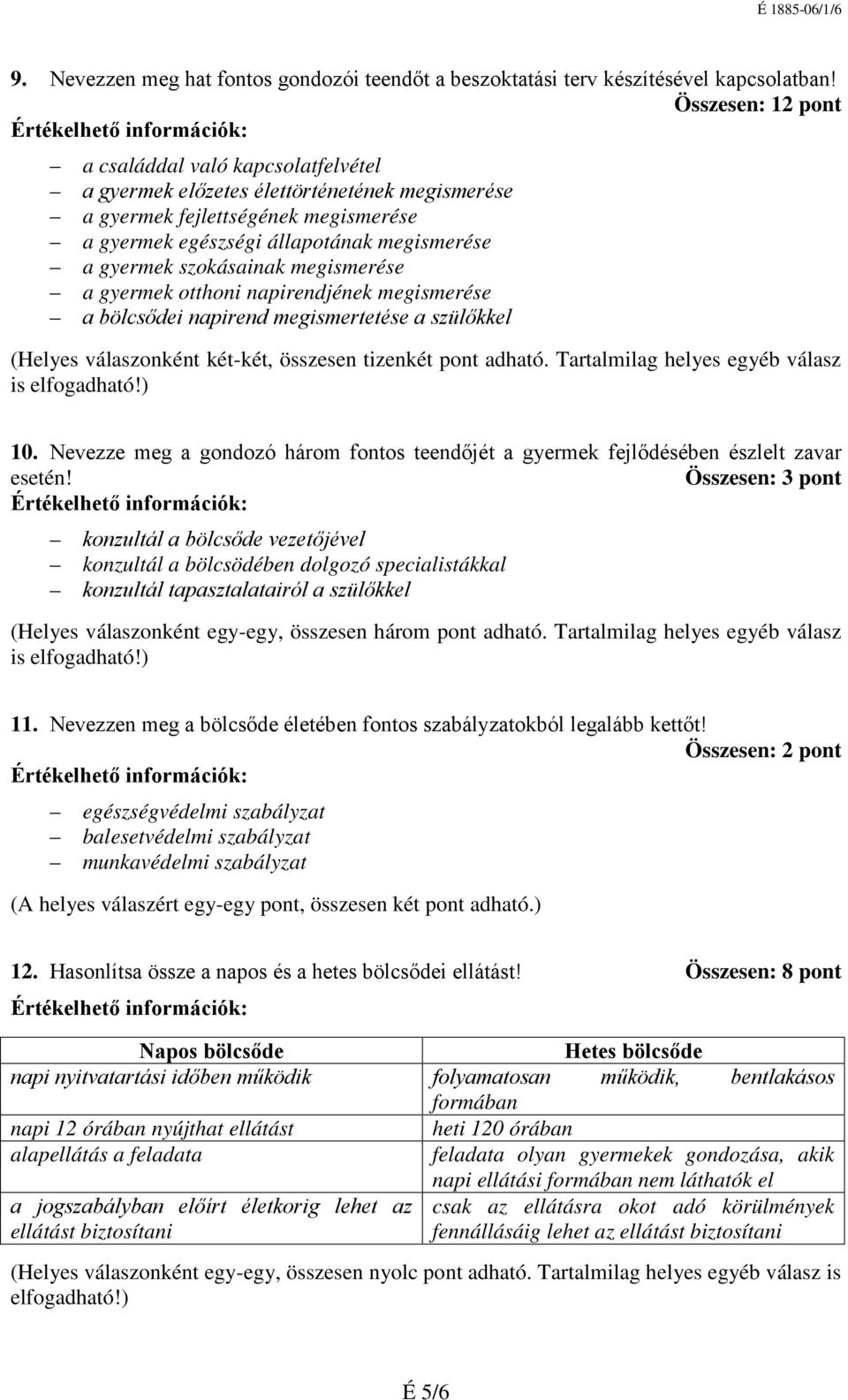 szokásainak megismerése a gyermek otthoni napirendjének megismerése a bölcsődei napirend megismertetése a szülőkkel (Helyes válaszonként két-két, összesen tizenkét pont adható.