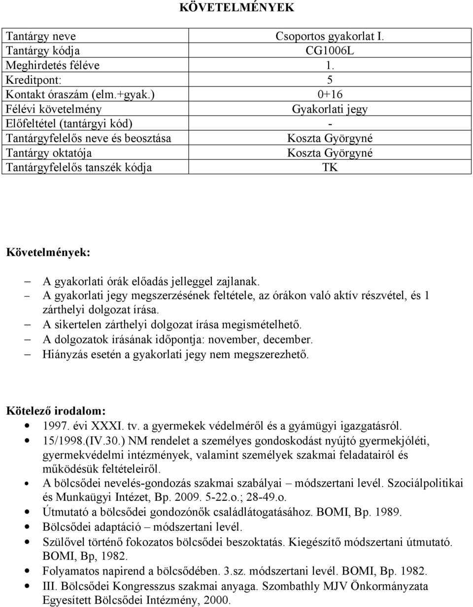 részvétel, és 1 zárthelyi dolgozat írása.