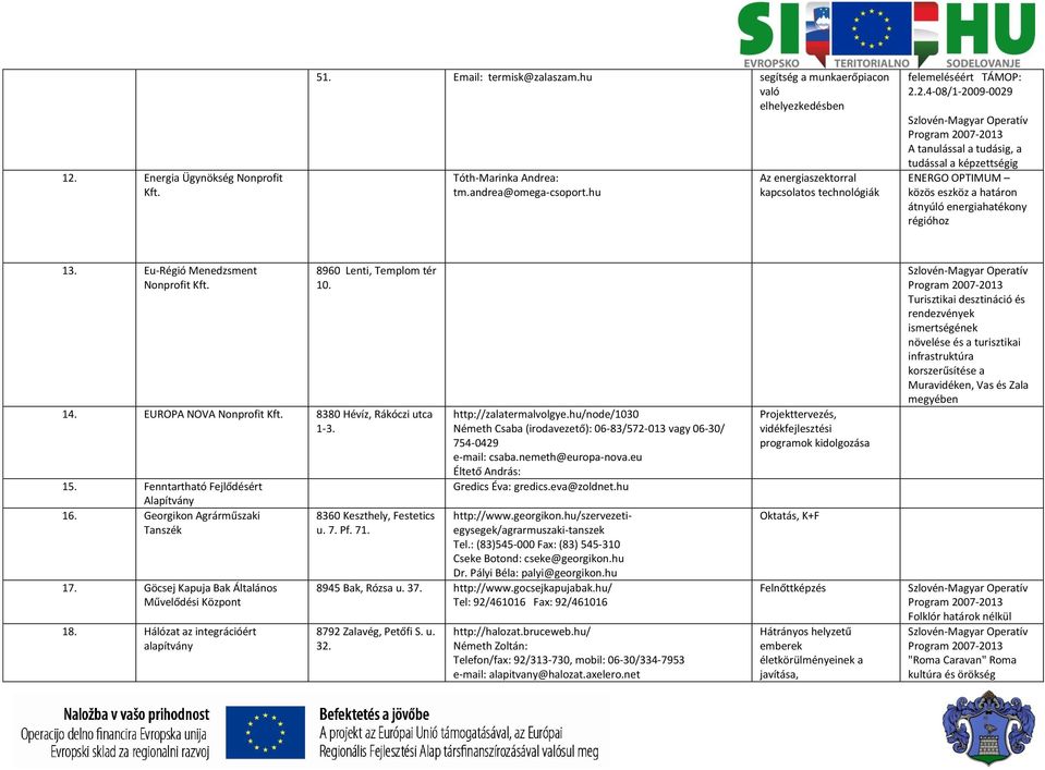 2.4-08/1-2009-0029 A tanulással a tudásig, a tudással a képzettségig ENERGO OPTIMUM közös eszköz a határon átnyúló energiahatékony régióhoz 13. Eu-Régió Menedzsment Nonprofit Kft.