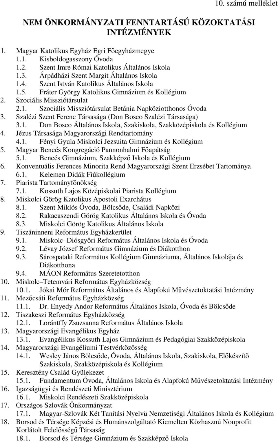 Szalézi Szent Ferenc Társasága (Don Bosco Szalézi Társasága) 3.1. Don Bosco Általános Iskola, Szakiskola, Szakközépiskola és Kollégium 4. Jézus Társasága Magyarországi Rendtartomány 4.1. Fényi Gyula Miskolci Jezsuita Gimnázium és Kollégium 5.