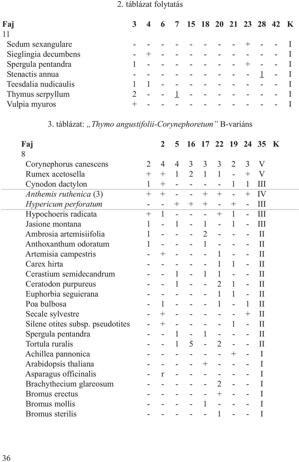 táblázat: Thymo angustifolii-corynephoretum B-variáns Faj 2 5 16 17 22 19 24 35 K 8 Corynephorus canescens 2 4 4 3 3 3 2 3 V Rumex acetosella + + 1 2 1 1 - + V Cynodon dactylon 1 + - - - - 1 1 III