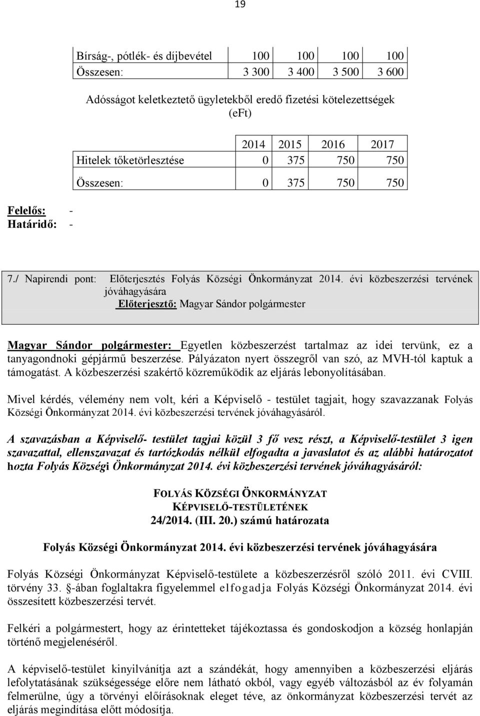 évi közbeszerzési tervének jóváhagyására Magyar Sándor polgármester: Egyetlen közbeszerzést tartalmaz az idei tervünk, ez a tanyagondnoki gépjármű beszerzése.