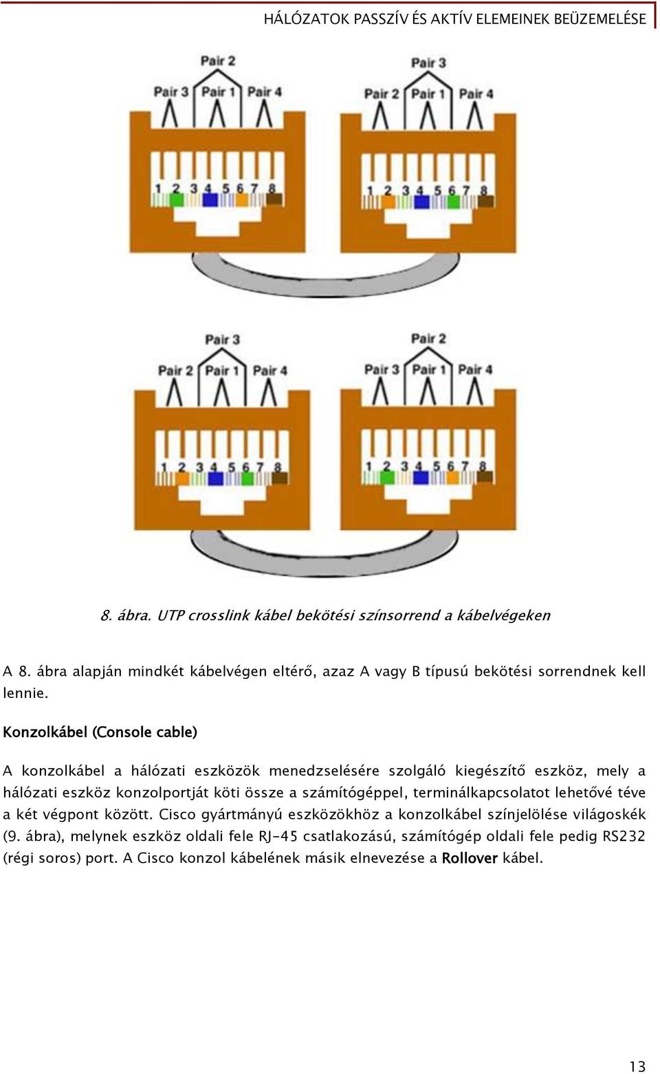 Konzolkábel (Console cable) A konzolkábel a hálózati eszközök menedzselésére szolgáló kiegészítő eszköz, mely a hálózati eszköz konzolportját köti össze a