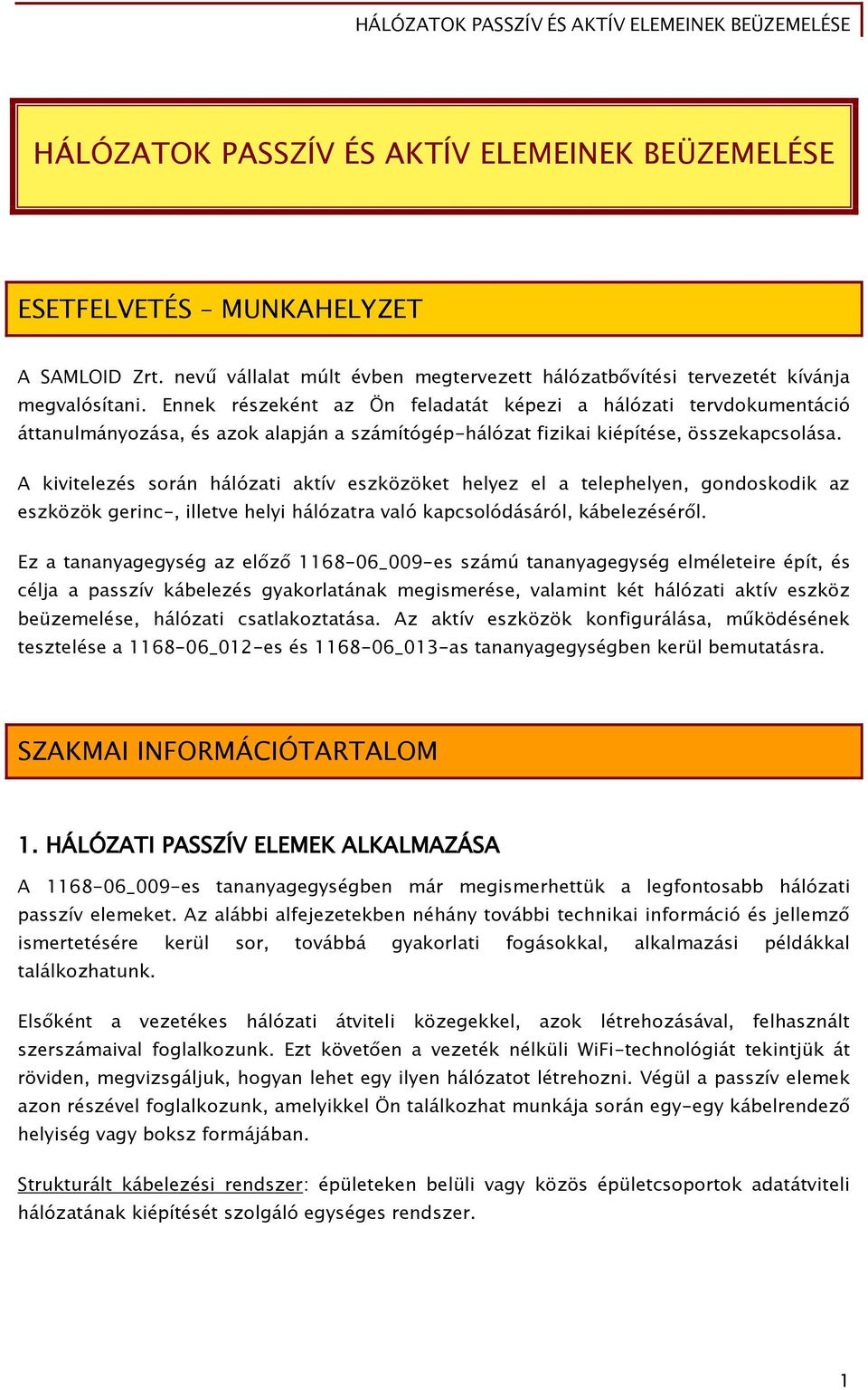 A kivitelezés során hálózati aktív eszközöket helyez el a telephelyen, gondoskodik az eszközök gerinc-, illetve helyi hálózatra való kapcsolódásáról, kábelezéséről.