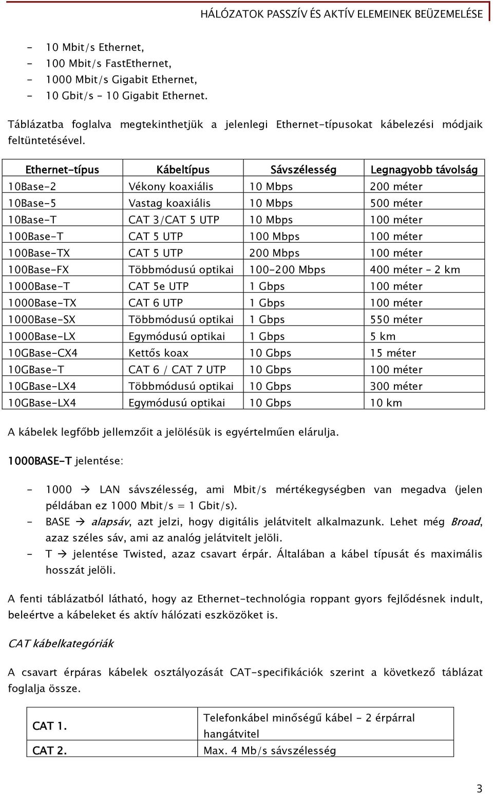 Ethernet-típus Kábeltípus Sávszélesség Legnagyobb távolság 10Base-2 Vékony koaxiális 10 Mbps 200 méter 10Base-5 Vastag koaxiális 10 Mbps 500 méter 10Base-T CAT 3/CAT 5 UTP 10 Mbps 100 méter 100Base-T