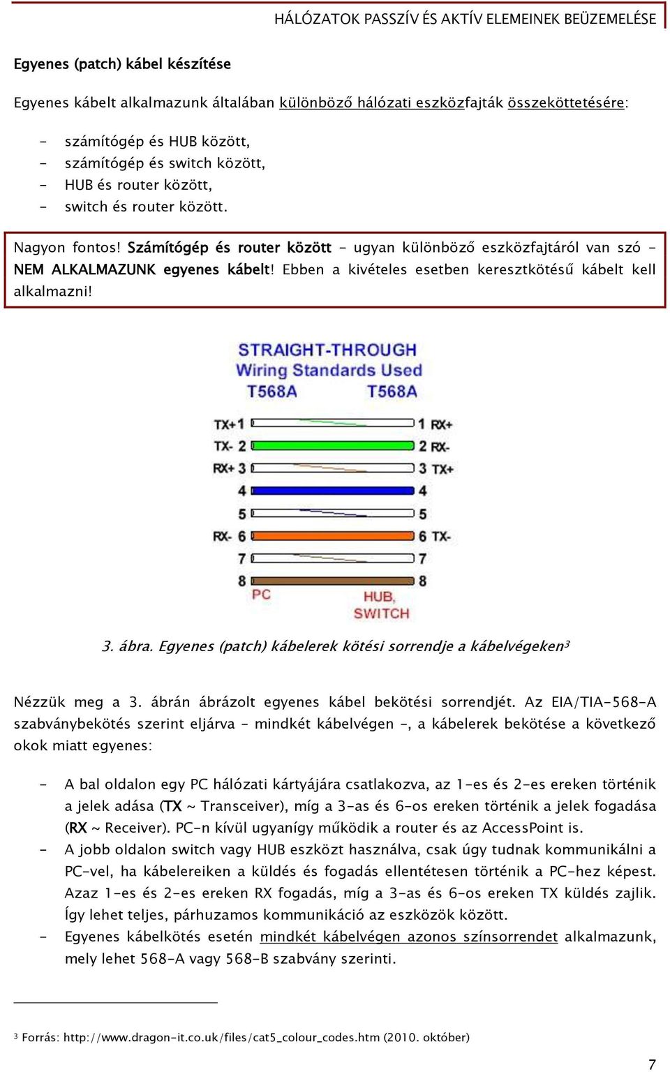 Ebben a kivételes esetben keresztkötésű kábelt kell alkalmazni! 3. ábra. Egyenes (patch) kábelerek kötési sorrendje a kábelvégeken 3 Nézzük meg a 3. ábrán ábrázolt egyenes kábel bekötési sorrendjét.