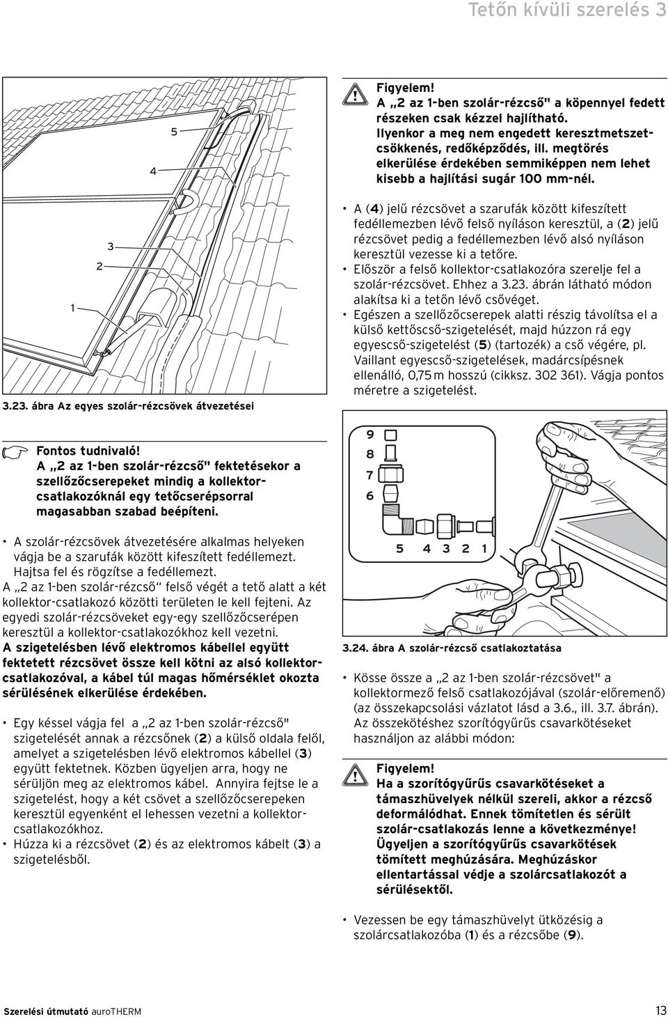 A 2 az 1-ben szolár-rézcső" fektetésekor a szellőzőcserepeket mindig a kollektorcsatlakozóknál egy tetőcserépsorral magasabban szabad beépíteni.