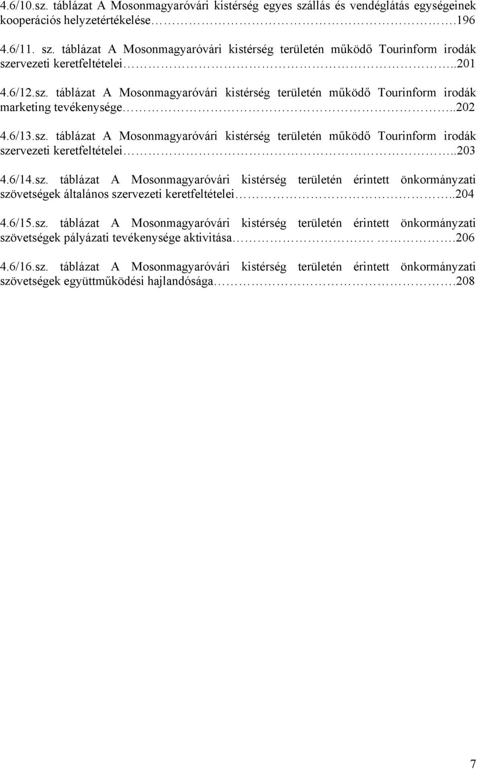 .203 4.6/14.sz. táblázat A Mosonmagyaróvári kistérség területén érintett önkormányzati szövetségek általános szervezeti keretfeltételei..204 4.6/15.sz. táblázat A Mosonmagyaróvári kistérség területén érintett önkormányzati szövetségek pályázati tevékenysége aktivitása.