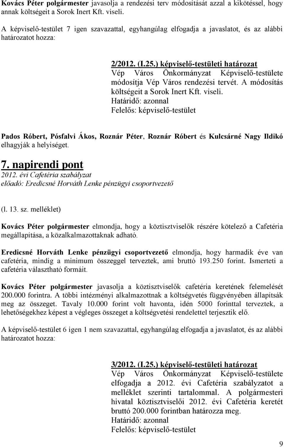 Határidő: azonnal Felelős: képviselő-testület Pados Róbert, Pósfalvi Ákos, Roznár Péter, Roznár Róbert és Kulcsárné Nagy Ildikó elhagyják a helyiséget. 7. napirendi pont 2012.